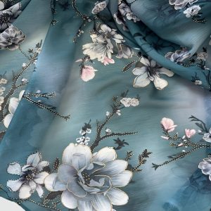 Floral Chiffon Fabric Precut, Navy Blue Soft Flower Print Polyester Material for Dresses, Hand Wash Only - 100% Polyester Lightweight Sheer Fabric, 3-5 Yard Piece