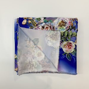 1pc Vintage Royal Blue Floral Printed Satin Fabric, 100gsm Polyester, Handwash Only, Pre-cut Craft Material for Sewing, Luxury Evening Gown Fabric for Summer Dresses